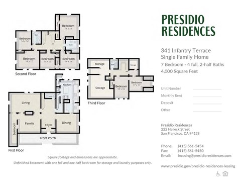 A floor plan for a Presidio Residences single family home with 3 bedrooms and 2.5 baths.